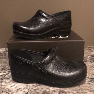 Black Tooled Leather Dansko Clogs